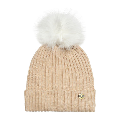 House of Celtic Bee Ribbed Knit Hat - Beige