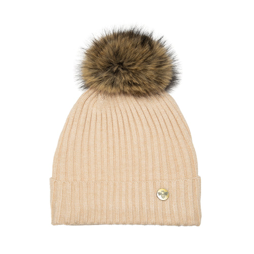 House of Celtic Bee Ribbed Knit Hat - Beige